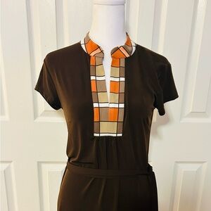 Banana Republic Brown Dress with Orange and Cream Plaid